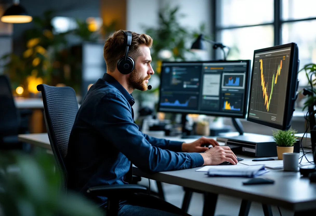 Een commercieel bediende aan een bureau met twee schermen, een headset en een klantenbestand, geconcentreerd aan het werk in een modern kantoor in Vlaanderen.