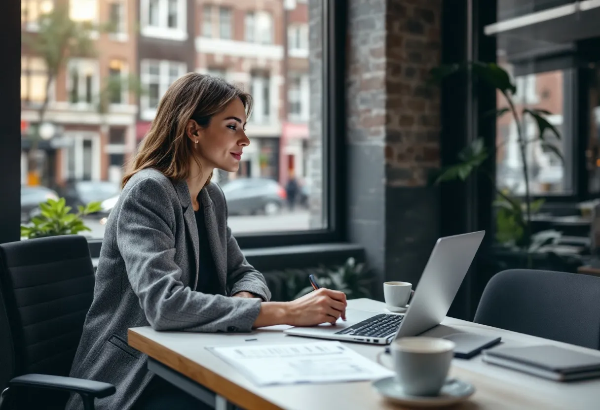 Een professionele vrouw in een grijs mantelpakje zit aan een strak bureau met een laptop die een salarissimulator toont, een geprinte cv naast haar, en een raam met zicht op een typische Vlaamse straat met bakstenen gebouwen.