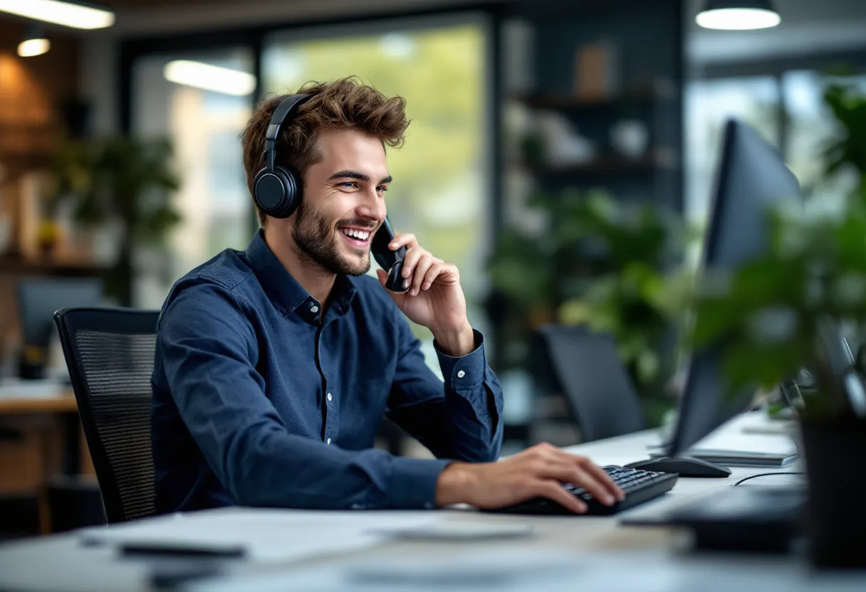 Een jonge commercieel bediende aan een bureau in een Vlaams kantoor, met een vriendelijke glimlach, terwijl hij een telefoongesprek voert en op een computerscherm een klantendashboard bekijkt.