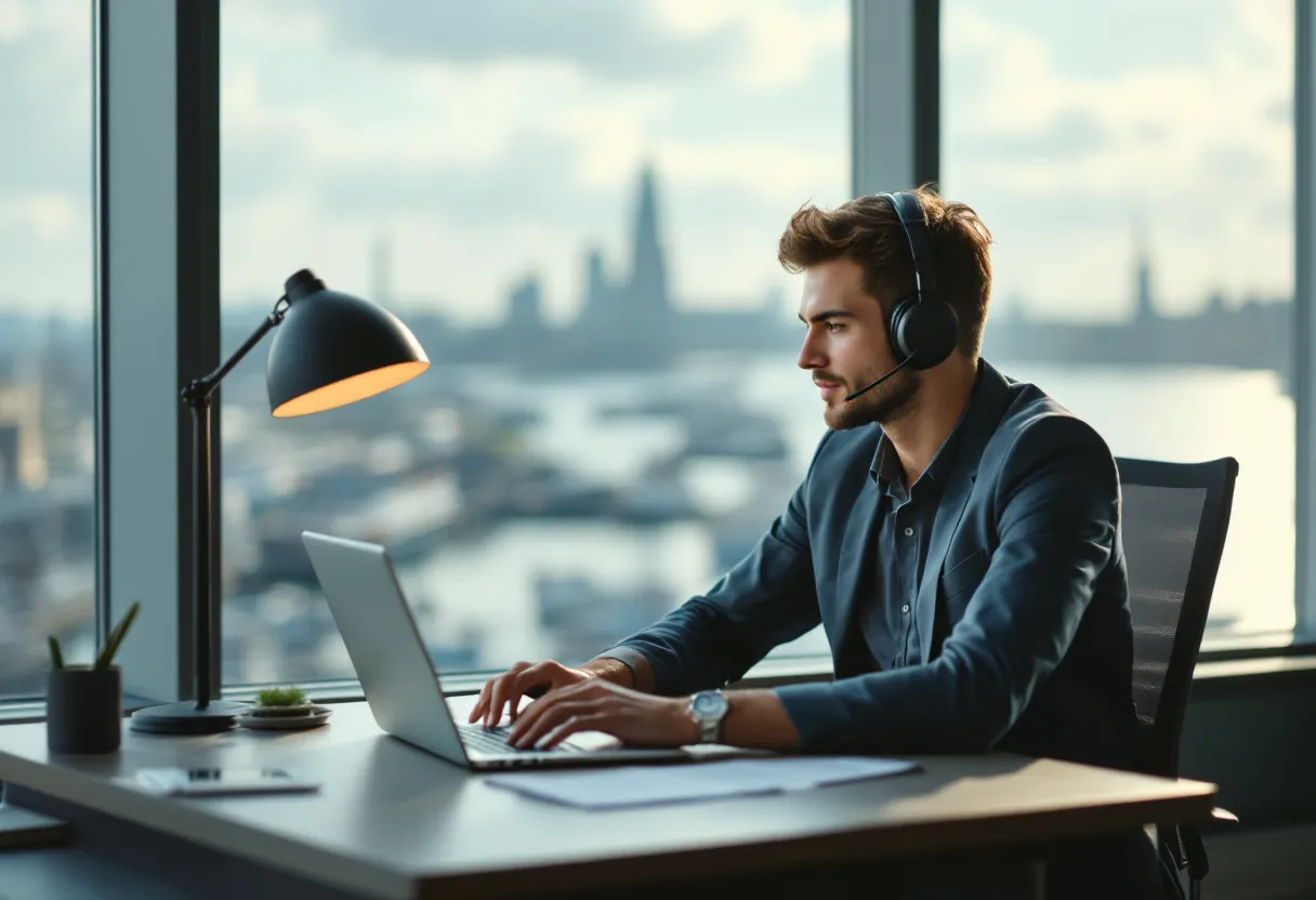 Een jonge commercieel bediende zit glimlachend aan een bureau in een helder kantoor met zicht op de Antwerpse haven, een laptop voor zich en een headset op.