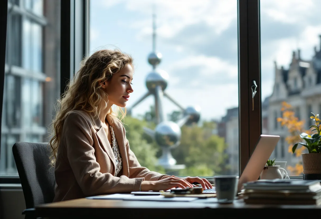 Een glimlachende jongedame zit aan een bureau met een laptop en kijkt naar vacatures voor commercieel bediende in Brussel, met op de achtergrond het Atomium zichtbaar door het raam.