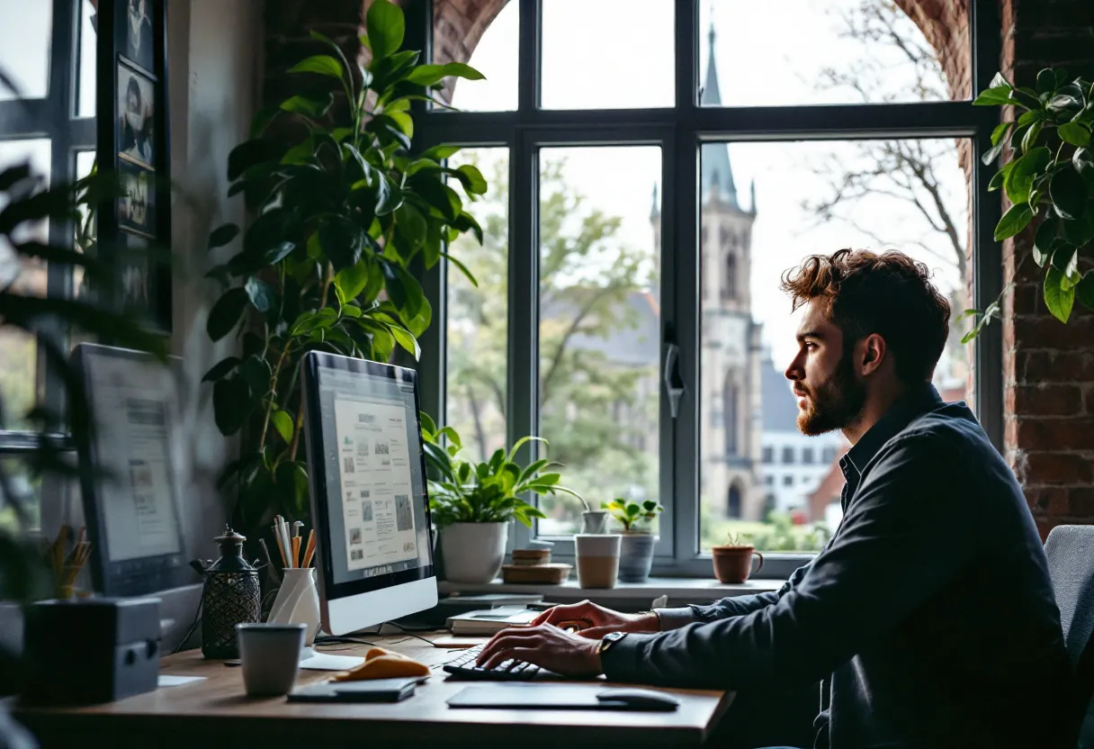 Een jonge commercieel bediende in een licht kantoor in Leuven, geconcentreerd kijkend naar een computerscherm met vacatures, terwijl door het raam de Sint-Pieterskerk zichtbaar is.