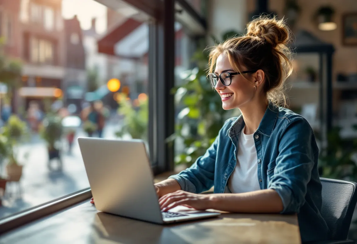 Een fotorealistische foto van een enthousiaste jonge vrouw die als commercieel bediende werkt: ze zit aan een bureau, glimlacht naar haar laptop, en heeft uitzicht op een zonnig stadsplein in Hasselt.