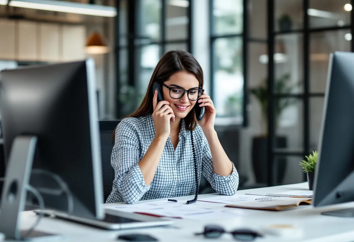 Een gemotiveerde commercieel bediende in een modern kantoor in Leuven, glimlachend achter haar bureau terwijl ze een telefoongesprek voert en aantekeningen maakt op een notitieblok.