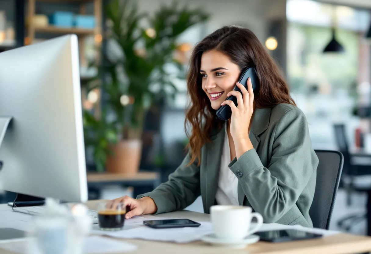 Een jonge commercieel bediende in een modern kantoor in Mechelen glimlacht terwijl ze telefonisch een klant te woord staat, met een computerscherm en een kop koffie op haar bureau.