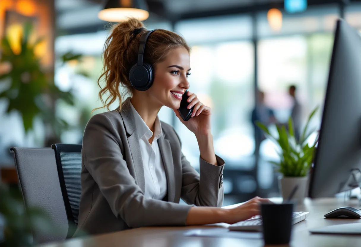Een commerciële bediende in een modern kantoor in Hasselt, telefonerend met een klant terwijl ze op een computerscherm kijkt, met een notitieblok en een glimlach.