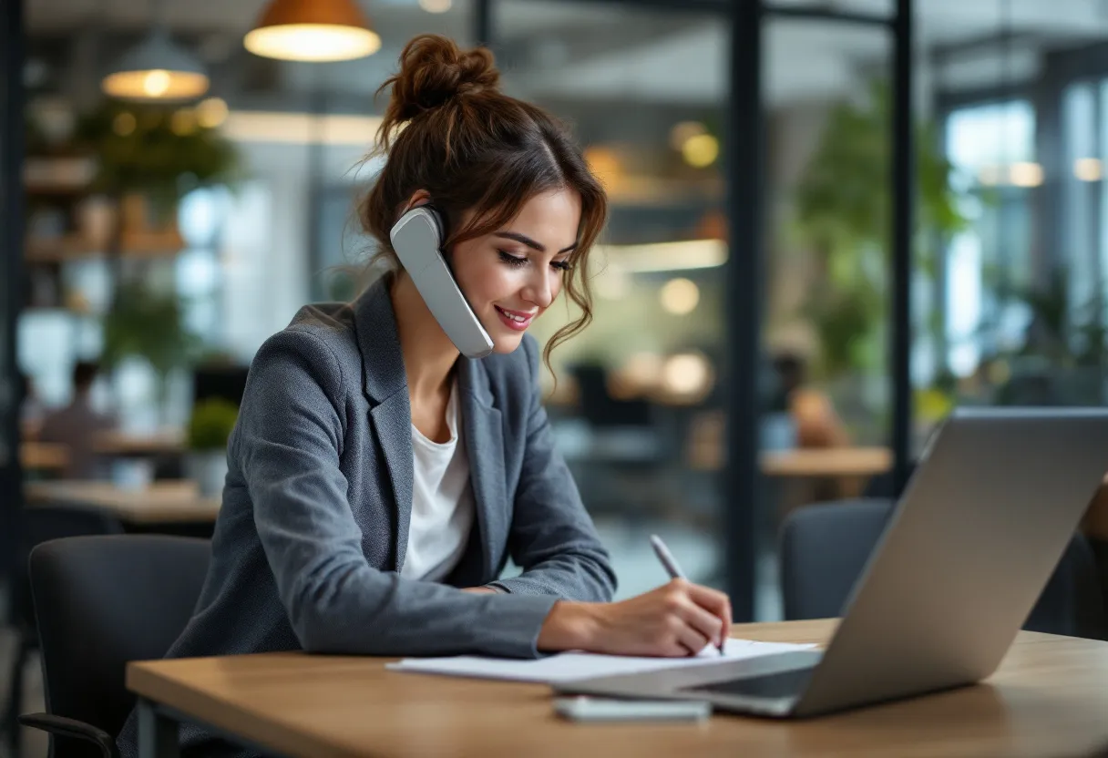 Een zelfverzekerde vrouw in een modern kantoor in Kortrijk, die glimlachend een telefoongesprek voert met een potentiële klant, terwijl ze notities maakt op een digitaal scherm.