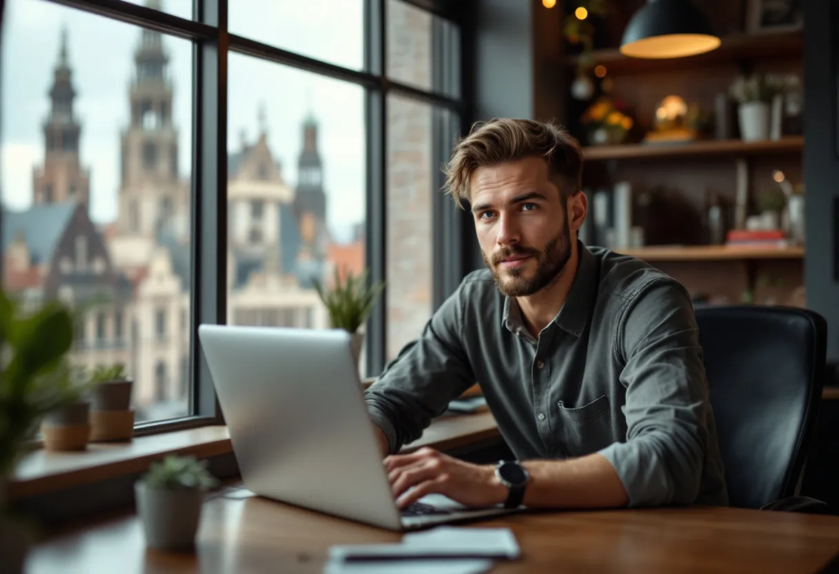Een fotorealistisch beeld van een jonge professionele man die vrolijk aan het werk is als commercieel bediende in een modern kantoor met uitzicht op de historische binnenstad van Brugge, met zichtbare Belforttoren op de achtergrond.
