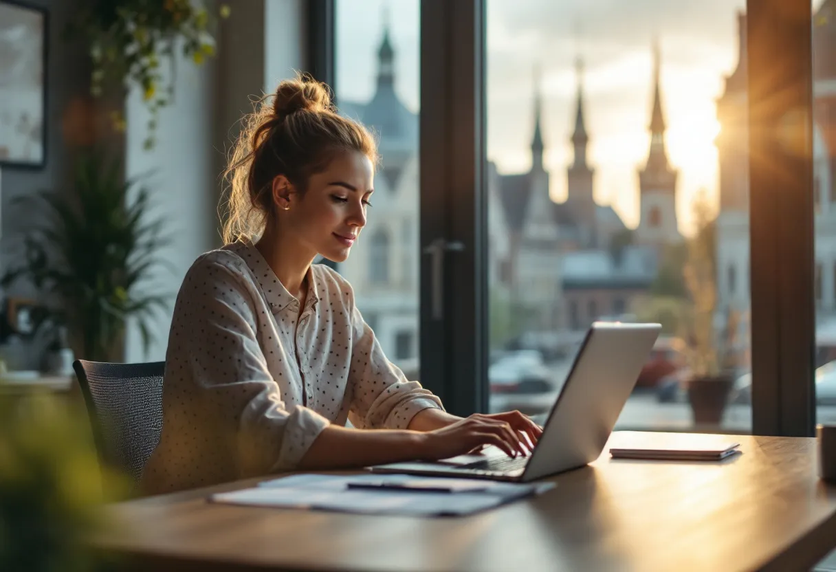 Een zelfverzekerde commercieel bediende zit aan een bureau in een modern kantoor in Kortrijk, met een laptop en smartphone, terwijl ze glimlachend een klant helpt en door het raam de historische Broeltorens zichtbaar zijn.