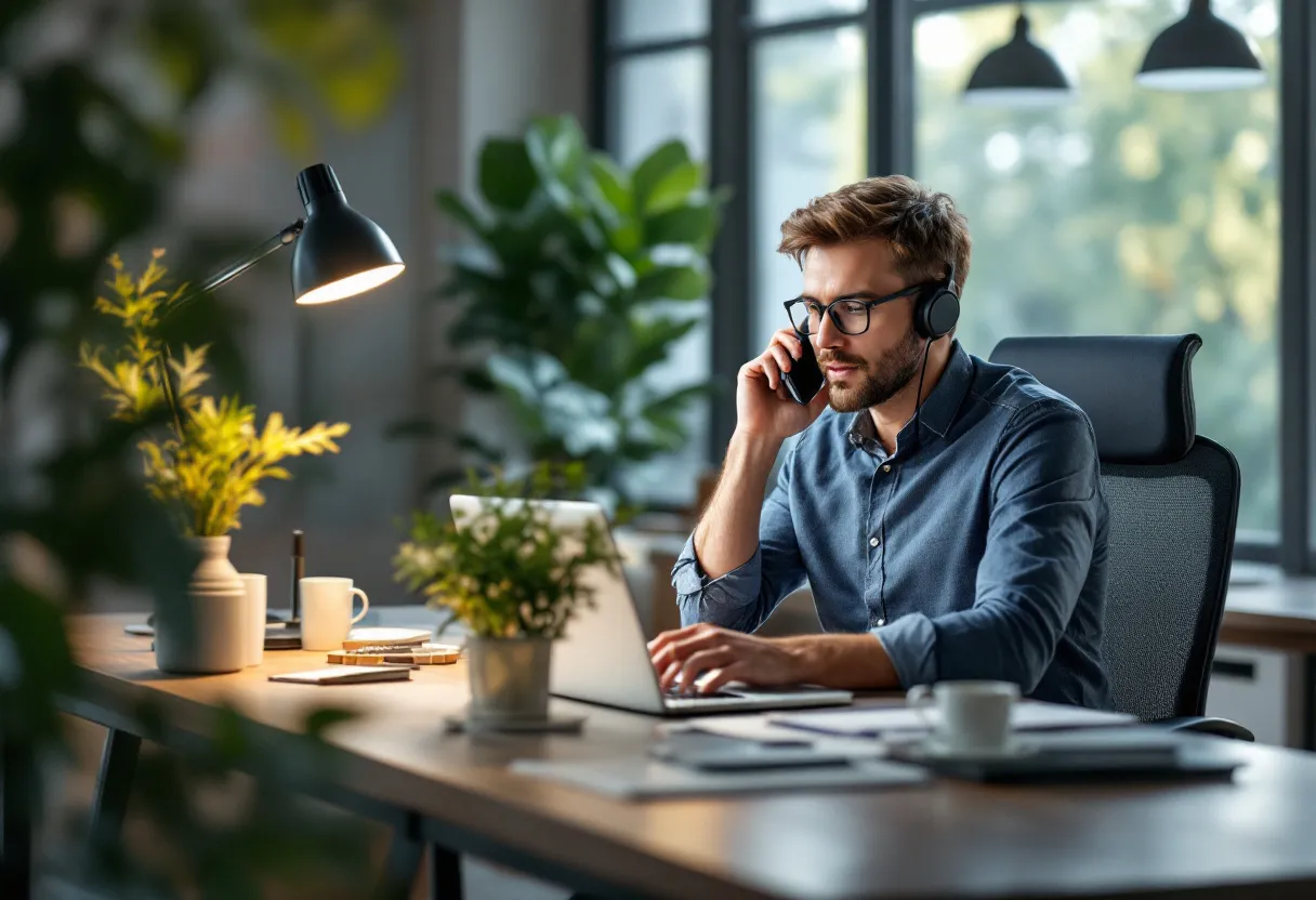 Een zelfverzekerde commercieel bediende zit aan een modern bureau, met een laptop, telefoon en notities, terwijl hij glimlachend een klant aan de telefoon te woord staat.