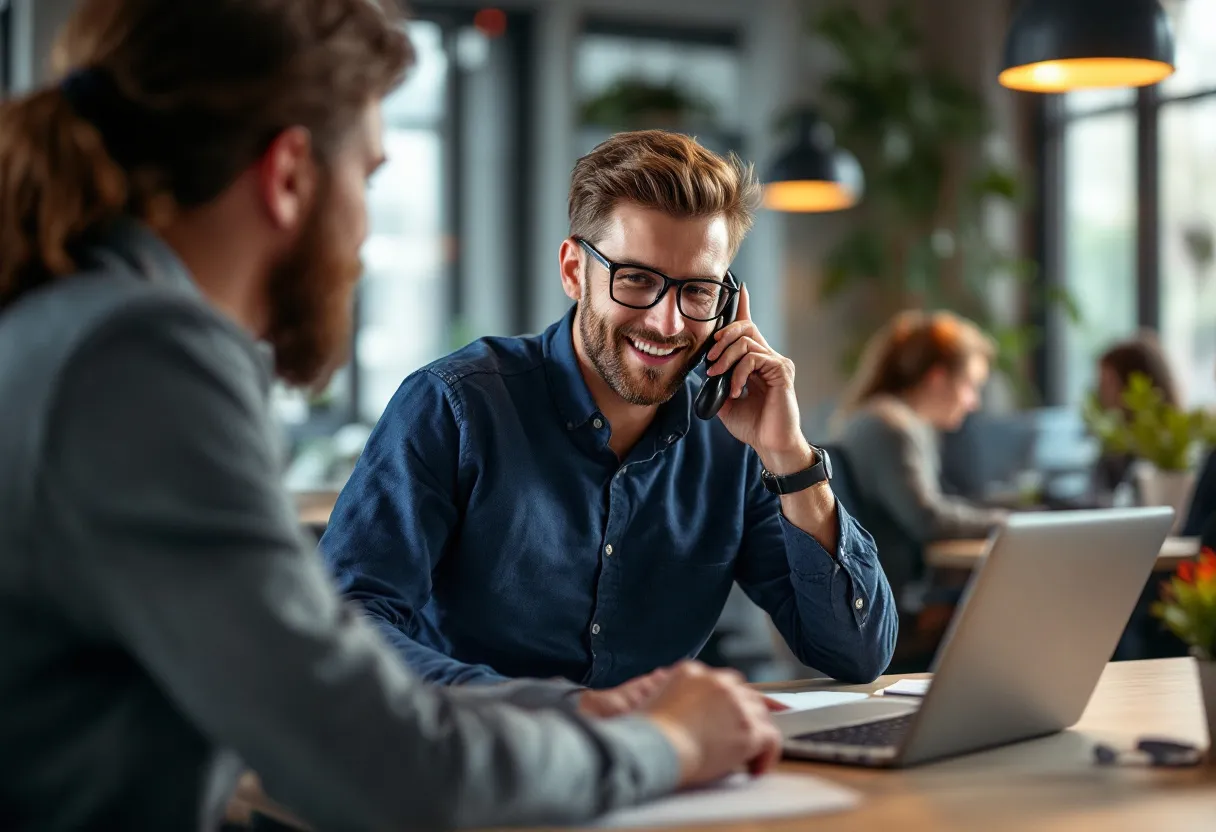 Een commercieel bediende in een Vlaams kantoor, glimlachend aan het werk met een laptop en telefoon, omringd door teamgenoten in een lichte, moderne omgeving.