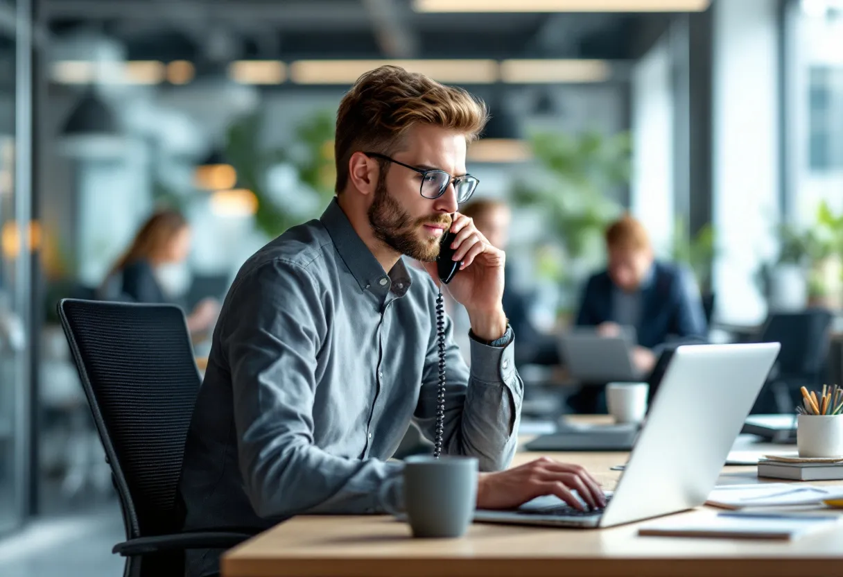 Een commercieel bediende in een Vlaams kantoor, glimlachend aan het werk met een laptop en telefoon, omringd door teamgenoten in een lichte, moderne omgeving.