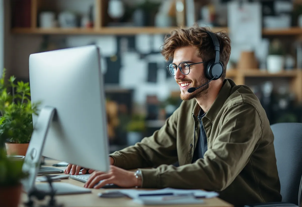 Een jonge student zit aan een bureau met een headset op, glimlachend terwijl hij een verkoopgesprek voert, met een computerscherm en een notitieblok voor zich.