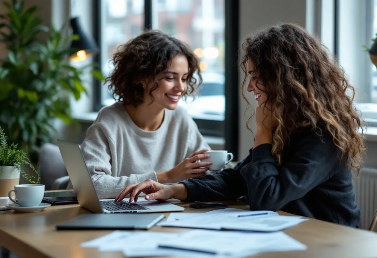 Een gemotiveerde jonge vrouw zit aan een bureau met een laptop, een kop koffie en een cv naast haar, terwijl ze online een vacature voor commercieel bediende in Vlaanderen bekijkt.