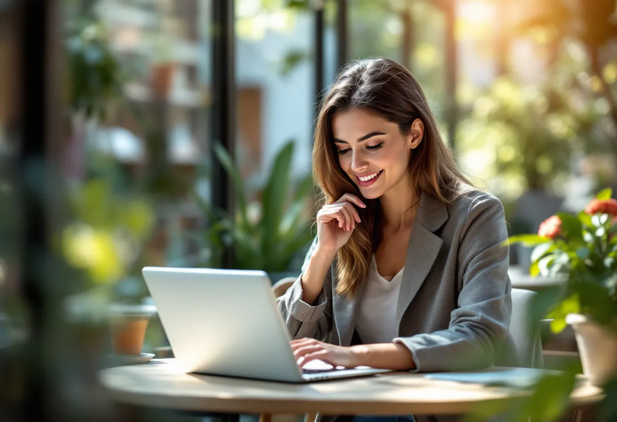 Une jeune commerciale sédentaire dans un espace de bureau lumineux à Anvers, souriante alors qu'elle consulte des offres d'emploi sur son ordinateur portable.