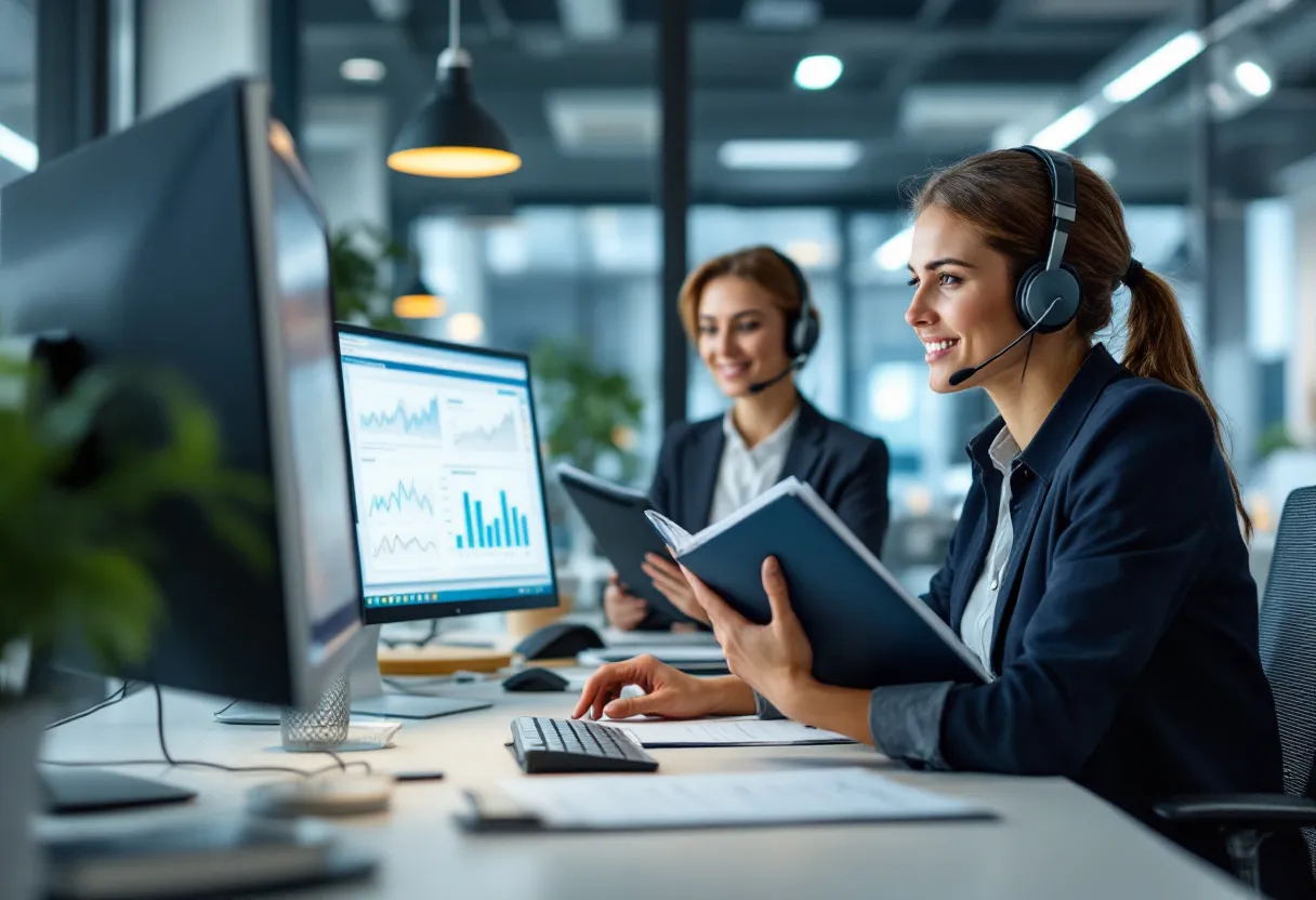 Een vrolijke commercieel bediende met headset in een modern Vlaams kantoor, kijkend naar een scherm met een grafiek en een glimlachende collega die een dossier aanreikt.
