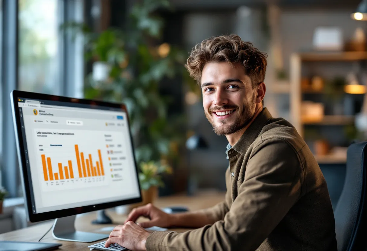Een jonge professioneel met een glimlach in een modern Vlaams kantoor, met op een computerscherm een jobmatching-dashboard en een kaart van Vlaanderen met aangeduide vacatures.